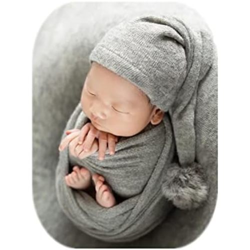 Coberllus Newborn Photography Props Girls Boys Sleepy Knot Hat & Fabric Posing Wrap Blanket Basket Stuffer Photo Prop Set