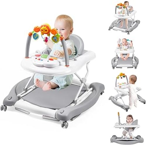 Baby Walker, 5-in-1 Baby Walkers for Boys and Girls 6-12 Months with Bouncer, Removable Footrest, Feeding Tray & Music, Foldable & Adjustable Activity Walker for 6-18 Months Toddler Infant