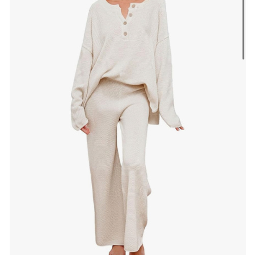 Pink Queen Women's 2 Piece Outfit Set Long Sleeve Button Pullover Sweater Top and Wide Leg Pants Knit Sweatsuit