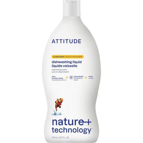 ATTITUDE Dishwashing Liquid, EWG Verified, Vegan Dish Soap, Plant Based, Naturally Derived Products, Citrus Zest, 23.7 Fl Oz