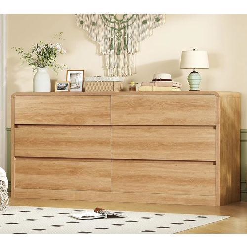 TEENFON 55" Dresser for Bedroom with 6 Drawers, Dressers & Chests of Drawers with Curved Profile Design, 6 Drawer Dresser, Bedroom Dressers, Wood Dressers for Bedroom, Hallway, Natural