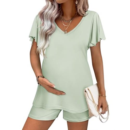 Ekouaer Maternity Sets 2 Piece Outfits Flowing Short Sleeve V Neck Postpartum Pregnancy Pajamas Clothes