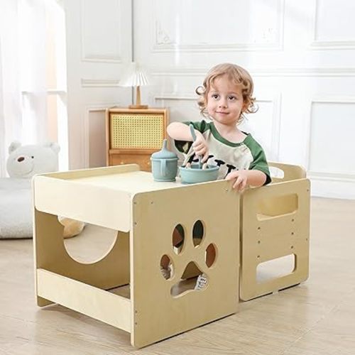 Montessori Weaning Table and Chair Set - 3-Level Height Adjustable Wooden Toddler Furniture, Activity Table Set for Eating, Playing & Learning, Kids Montessori Furniture for Age 1 2 3 Years
