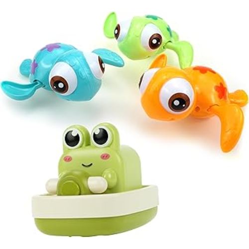 Wind-up Bath Toys Bundle (4pcs) : Swimming Sea Turtles (3pcs) & Boating Animal (Frog) for Kids
