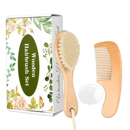 Wooden Baby Hair Brush and Comb Set, 3Pcs Natural Soft Goat Bristles Brush Cradle Cap Comb Baby Shower Scrubber Perfect Scalp Grooming Product for Newborn, Toddler, Infant (White)