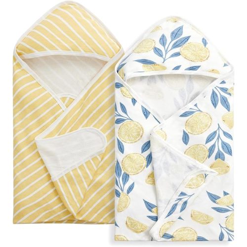 Momcozy Baby Hooded Towel, 2 Pack Bamboo Cotton Baby Towel Set, Super Soft Bath Towel with Original Design, Shower Gifts for Infant, Toddler (28 X 28 Inch, Lemon Leaves)