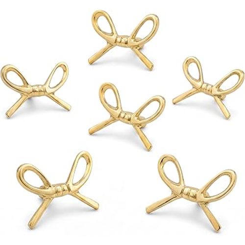 Indian Shelf 6 Piece Premium Solid Brass Bow Drawer Knobs - Vintage Gold Knobs for Dresser & Nursery Decor - Decorative Bow Drawer Pulls with Secure Mounting Hardware