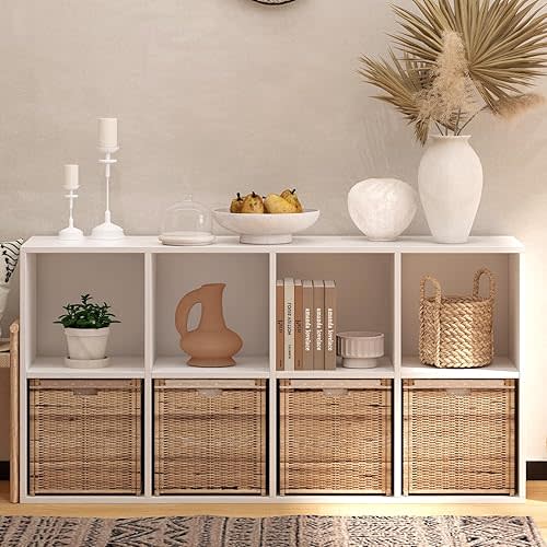 Wooden 8 Cube Storage Organizer with Closed Back Panel,White Cube Shelf Cubby Storage Organizer with Compartments for Living,Bookshelf,Storage Organizers Easy to Install (White, 8 Cube)