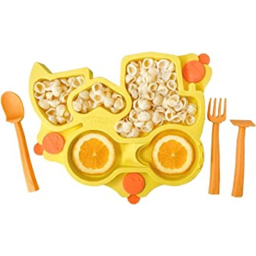 Constructive Eating Plate Made in USA | Constructive Baby | Kids Dinnerware Set, Yellow Truck Plate | Divided Suction Plates for Toddlers – Made with Materials Tested for Safety