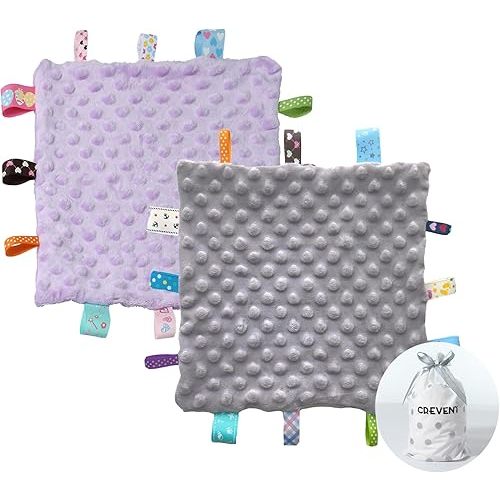 CREVENT Tag Security Blankets for Babies, Soft Small Loveys for Girls, Baby Comforter Sensory Blanket, Great Gifts for Birthday Baby Shower 10"X10" (Grey + Purple)
