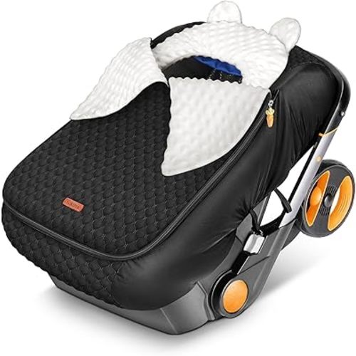 YOREPEK Winter Carseat Cover for Baby, Infant Car Seat Cover with Removable Fleece & Mesh Top, Warm Cozy Waterproof Carseat Canopy for Doona/Nuna/Evenflo, Winter Baby Essentials for Newborn Boy Girl