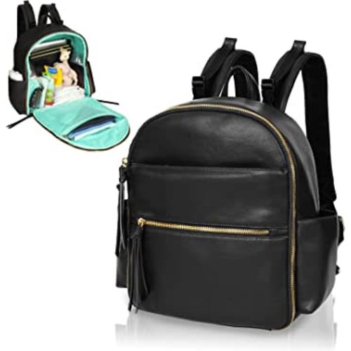 MOMINSIDE Small Diaper Bag Backpack, Mini Diaper Bag with 11 Pockets, Leather Travel Baby Bag for Baby Girls, Diaper Bag Organizers, 2 Insulated Pockets, Stroller Straps, Baby Registry (Black)