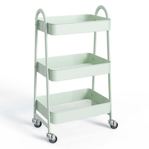 ZUNMOS 3 Tier Utility Rolling Cart, Metal Mobile Storage Cart with Lockable Caster Wheels, Storage Shelves Organizer Cart for Livingroom, Bathroom, Kitchen, & Narrow Places, Green