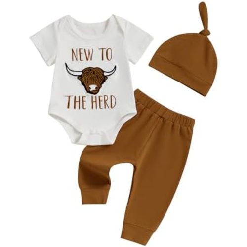 Newborn Baby Boy Western Clothes Cow Letter Embroidery Short Sleeve Romper Bodysuit Pants Set Country Cowboy Outfit