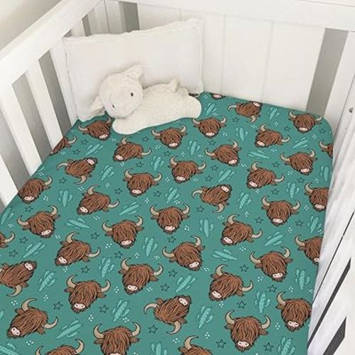 Highland Cows Green Cactus Baby Crib Sheet 52''x28'' Highland Yak Stars Stretchy Fitted Crib Mattress Cover for Boy Girl Animal Wild Plants Soft Baby Sheets for Standard Crib and Toddler Mattress