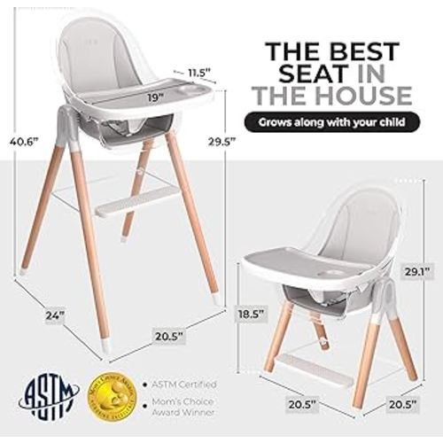 Children of Design 6 in 1 Deluxe Wooden High Chair for Babies & Toddlers, Modern Safe & Compact Baby Highchair, Easy to Clean & Assemble Removable Tray & Cushion, 6 Options 3 Seat Positions 2 Heights