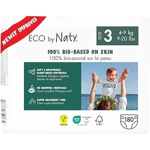Eco by Naty Eco-Friendly Baby Diapers - 100% Plant-Based Materials on Skin, Soft, for Sensitive Skin & Super Absorbent (Size 3, 180 Count)