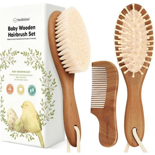 Baby Hair Brush and Comb Set for Newborn - Wooden Baby Hair Brush Set with Soft Goat Bristle, Baby Brush Set for Newborns, Baby Brush and Comb Set Girl, Boy, Toddler Cradle Cap Brush(Oval,Dark Walnut)