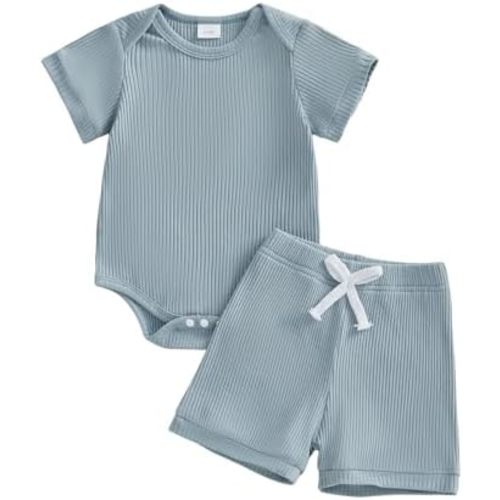 Kupretty Newborn Baby Boy Clothes Infant Summer Outfit Solid Ribbed Short Sleeve Romper Bodysuit Shorts Set 3 6 9 12 18 Month