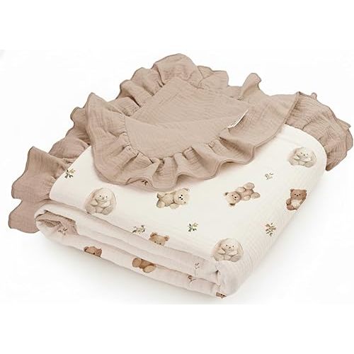 Muslin Swaddle Ruffled Blanket - Teddy & Friends-Ruffled
