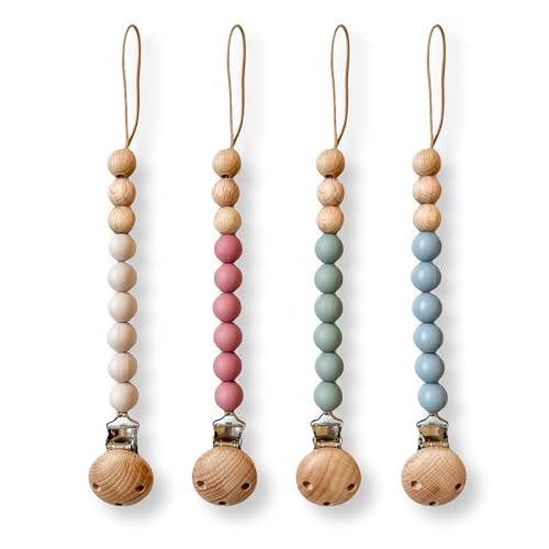Hippypotamus Pacifier Clips - Silicone Holder for Baby’s Binky & Teething Toys - Set of 4 (Sand/Rose/Sage/Stone)