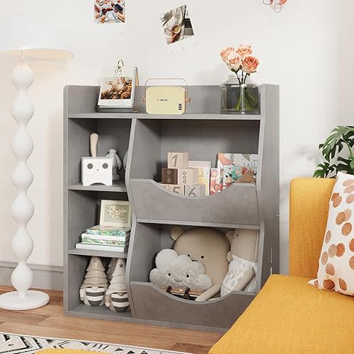 Kids 3-Tier Toy Storage Organizer Kids Bookshelf Double Side Gray- 5 Compartment Bookshelf & Toy Shelf for Bedroom, Living Room, and Kindergarten