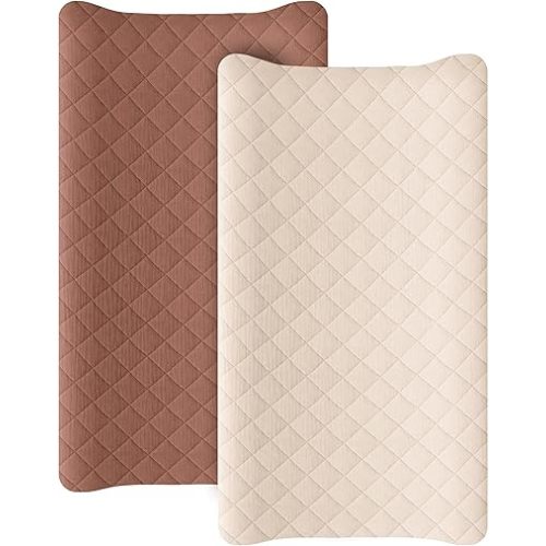 Konssy Waterproof Muslin Changing Pad Cover 2 Pack, Quilted Cotton Fitted Diaper Changing Table Cover, Soft Changing Pad Sheets for Girls Boys (Chestnut,Cream)