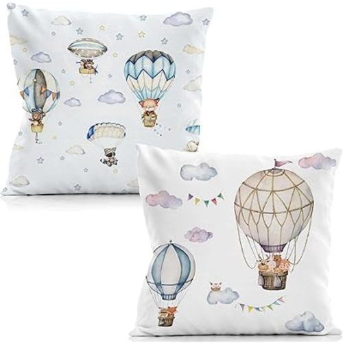 hot air Balloon Pillow Covers,Cute Woodland Animals Pillow Covers 18x18 Set of 2 -Woodland Nursery Decor,Kids Playroom Decor, Baby Boy Girl Nursery Decor, Kids Decorative Pillow
