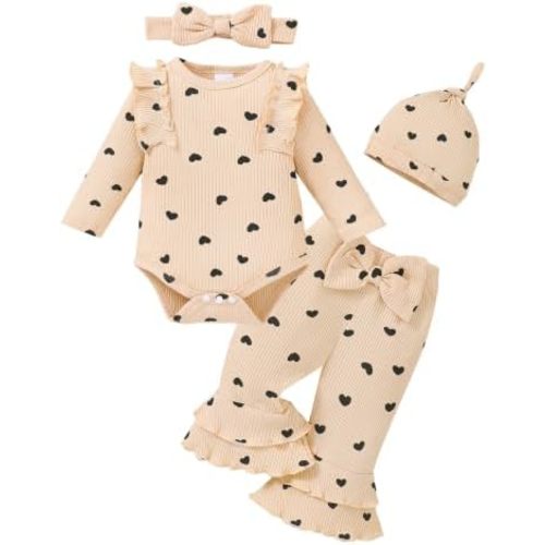 Renotemy Preemie Newborn Baby Girl Clothes Ruffle Bodysuit Romper Bell Bottom Pants Set Infant Fall Winter Outfit Gifts