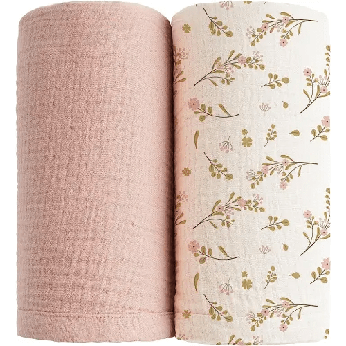 Konssy 2 Pack Muslin Swaddle Blankets for Baby Boys Girls, Receiving Blanket Large 47 x 47 inches, Soft Breathable Muslin Baby Blanket for Unisex Newborn(Pink, Floral)