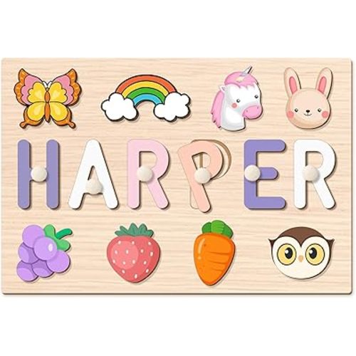 Personalized Name Puzzles for Toddlers 1-3, Personalized Baby Gifts with Engraved Text Greetings on Back, Baby 1st Birthday Gifts for Girl and Boy, Toddler Learning Toys (Name Puzzle)