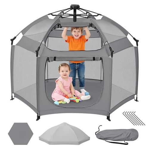 Dripex Pop Up Playpen w/t Built-in Pad & One-Click Safe Lock, Foldable Indoor/Outdoor Baby Playpen w/t Removable Canopy &Roll-Up Door & Top Mesh Window, Travel Pop and Go Beach Play Pen for Baby Grey