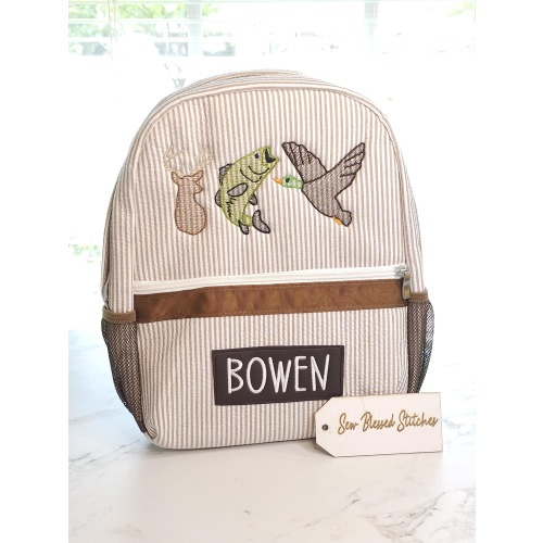 Personalized seersucker backpack, hunting embroidery backpack, boy birthday gift, boy diaper bag, baby shower gift