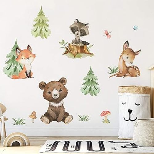 Yovkky Woodland Animals Friends Pine Tree Wall Decals Stickers, Forest Bear Deer Fox Raccoon Nursery Decor, Home Baby Kids Room Decorations Boys Girls Bedroom Art