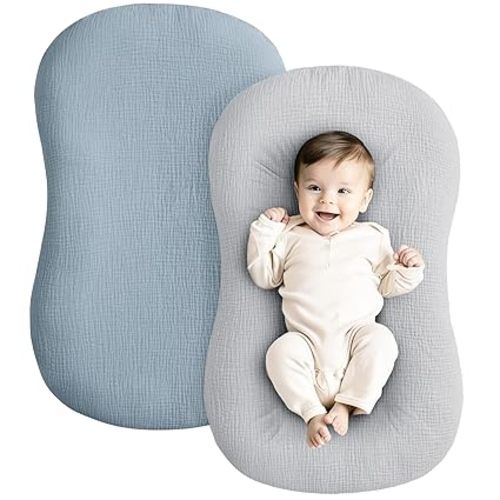 Konssy Muslin Baby Lounger Cover 2 Pack, 100% Cotton Newborn Lounger Cover, Soft and Breathable Lounger Cover for Boys Girls, Covers Only (Blue,Grey)