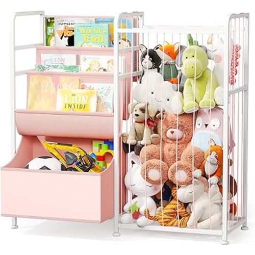 BBLIKE Kids Bookshelf and Stuffed Animal Storage - Multi-Function Nursery Book Shelves with Leather Toy Box and Book Display, Toy Organizer for Playroom, Bedroom, Nursery (Pink)