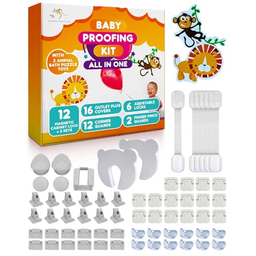 Baby Proofing Kit 67pcs All in One Includes Magnetic Cabinet Locks for Baby Proofing, Corner Bumper Protectors, Child Safety Strap Locks, Power Point Outlet Covers, Finger Pinch Guards & Bath Toys