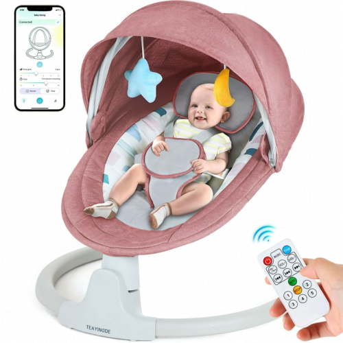 TEAYINGDE Baby Swing for Infants - APP Remote Bluetooth Control, 5 Speed Settings, 10 Lullabies, USB Plug (Pink)