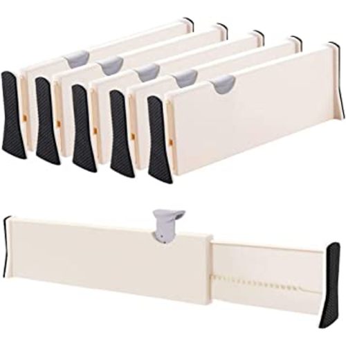 JONYJ Drawer Dividers Organizer 5 Pack, Adjustable Separators 4" High Expandable from 14.9-21" for Bedroom, Bathroom, Closet, Clothing, Office, Kitchen, Strong Secure Hold, Foam Ends, Locks in Place