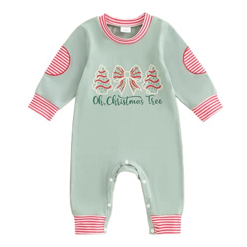 RSRZRCJ Newborn Baby Girl Christmas Outfit Long Sleeve Bow Oh Christmas Tree Stripe Patchwork Romper Jumpsuit Winter Clothes