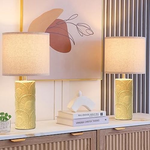 20.75" Ceramic Table Lamps for Living Room Set of 2, Yellow Flower Lamps for Bedroom Set of 2, Ceramic Bedside Lamp for Nightstand, Farmhouse Rustic Table Lamp for Home Decor