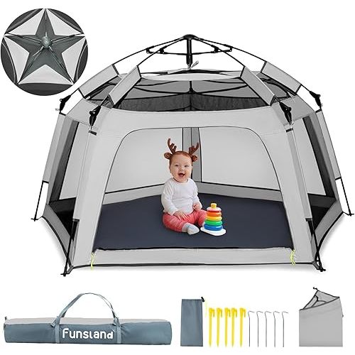 Baby Playpen Pop-up Tent - Outdoor & Indoor Play Tent for Beach with Canopy Travel Bag Portable Play Yard for Babies & Toddlers (Gray)