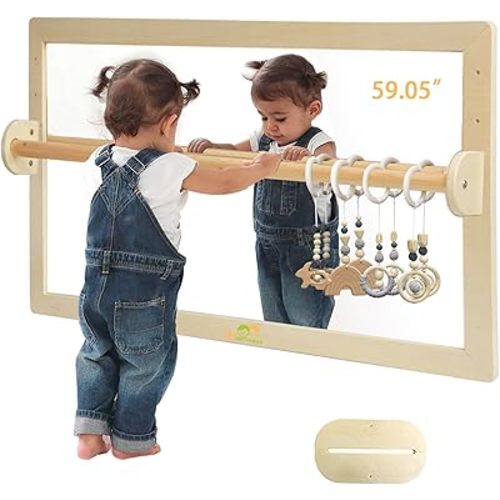 Infant Coordination Mirror Montessori Safety Pull up Bar Baby MirrorAcrylic Non-Glass Early Learning to Walk Mirror Upgrade Dual-Use with Base for Lengthened Version Hanging Toys 59.05”