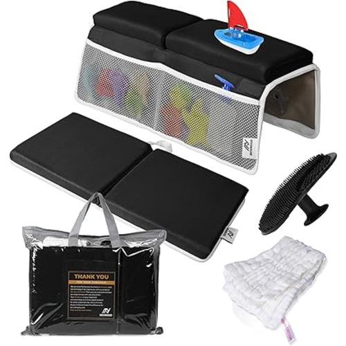 Baby Bath Kneeler and Elbow Rest Pad Set | 1.5'' Comfortable, Thick Padding, Bathtub Kneeling pad, Machine Washable, includes Washcloth, Non-Slip Baby Bath Support for Knees and Elbows - Black