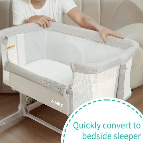 AMKE Baby Bassinets, Bedside Sleeper for Baby,All mesh Baby Crib Portable Bassinets for Safe Co-Sleeping, Safe Adjustable Baby Bed for Baby Infant Newborn Girl Boy (Ivory-White) - Ivory-white