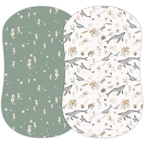 Baby Bassinet Sheets for Boy, Girl (Ocean Odyssey) 2-Pack - Fitted Bedside Bassinet Sheets - Buttery Soft Cotton Blend for Standard Bassinet Mattress Pad - Compatible with Halo Bassinest