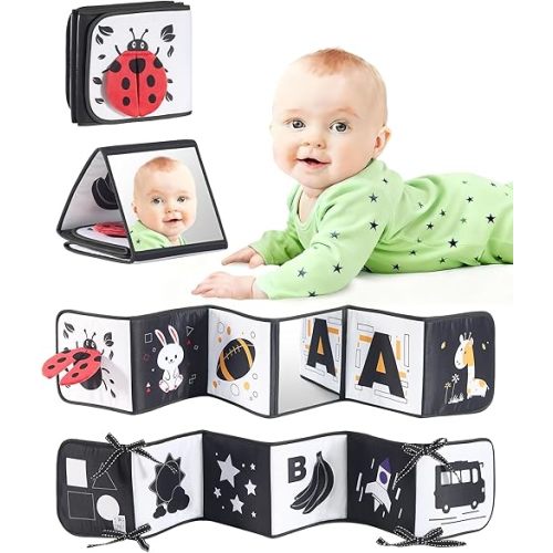High Contrast Black and White Baby Toys for Newborn 0-6 Months – Contrast Cards & Sensory Baby Book with Mirror – Tummy Time Infant Toys for Visual Stimulation, Early Learning & Brain Development