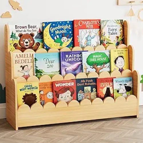 SpaceAid 3-Tier Scalloped Bookshelf, Montessori Bookcase for Toddlers, Wooden Book Shelf Organizer Display Furniture for Kids Rooms, Playroom, Nursery and Classroom, 36.7“ Wide, Natural