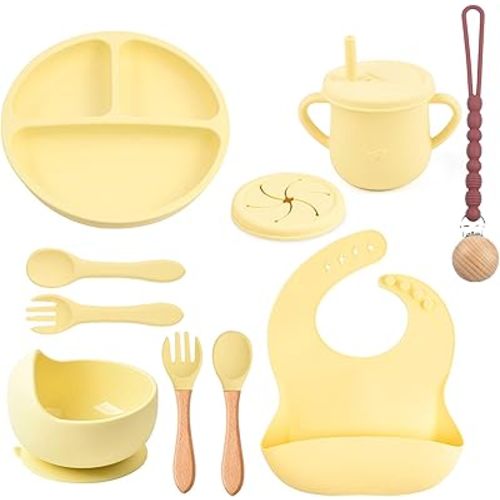 Silicone Baby Feeding Set 12 Pcs | Baby Led Weaning Supplies | Baby Spoons Suction Bowl Divided Plate Bib Cup | First Stage Solid Food Eating Utensils - 6+ Months (Yellow)
