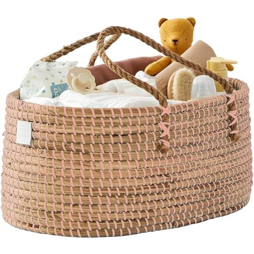 Baby Diaper Caddy Organizer - Handmade Organic Seagrass - Luxury Pink Diaper Caddy Basket - Cute Diaper Caddy for Baby Girl - Baby Girl Diaper Caddy (Blush)